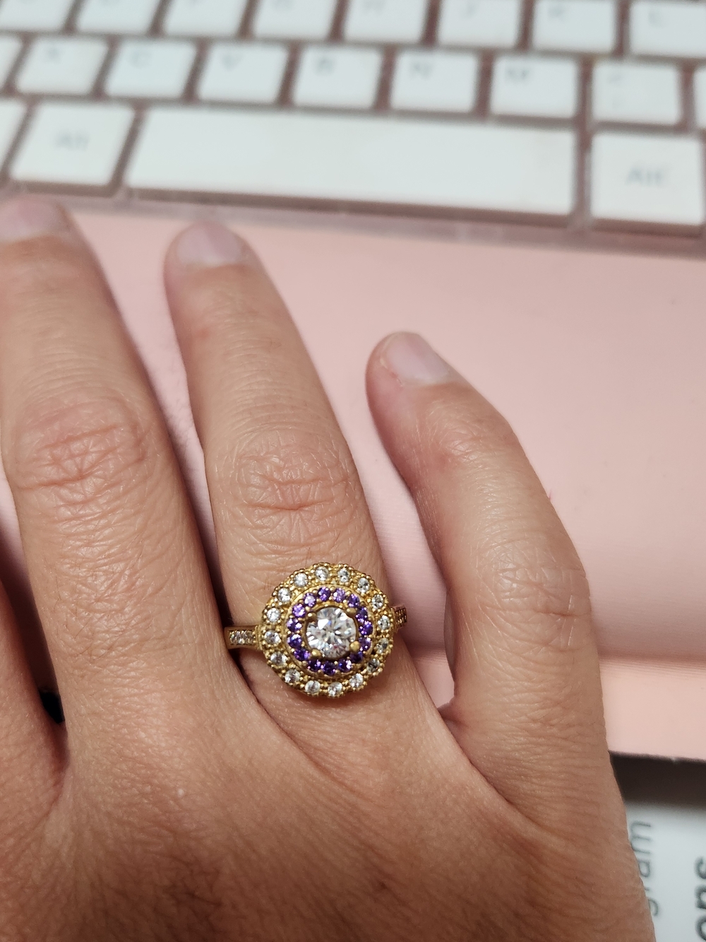 Gold Tone Purple Halo Ring with Clear Center Stone